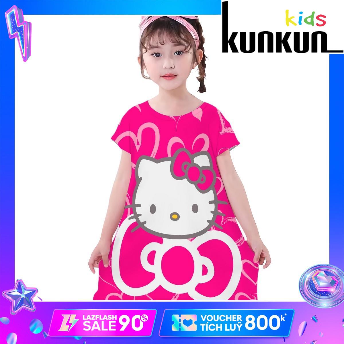 Váy bé gái, đầm bé gái in 3d hình Hello Kitty chất thun lạnh Kunkun Kid D910