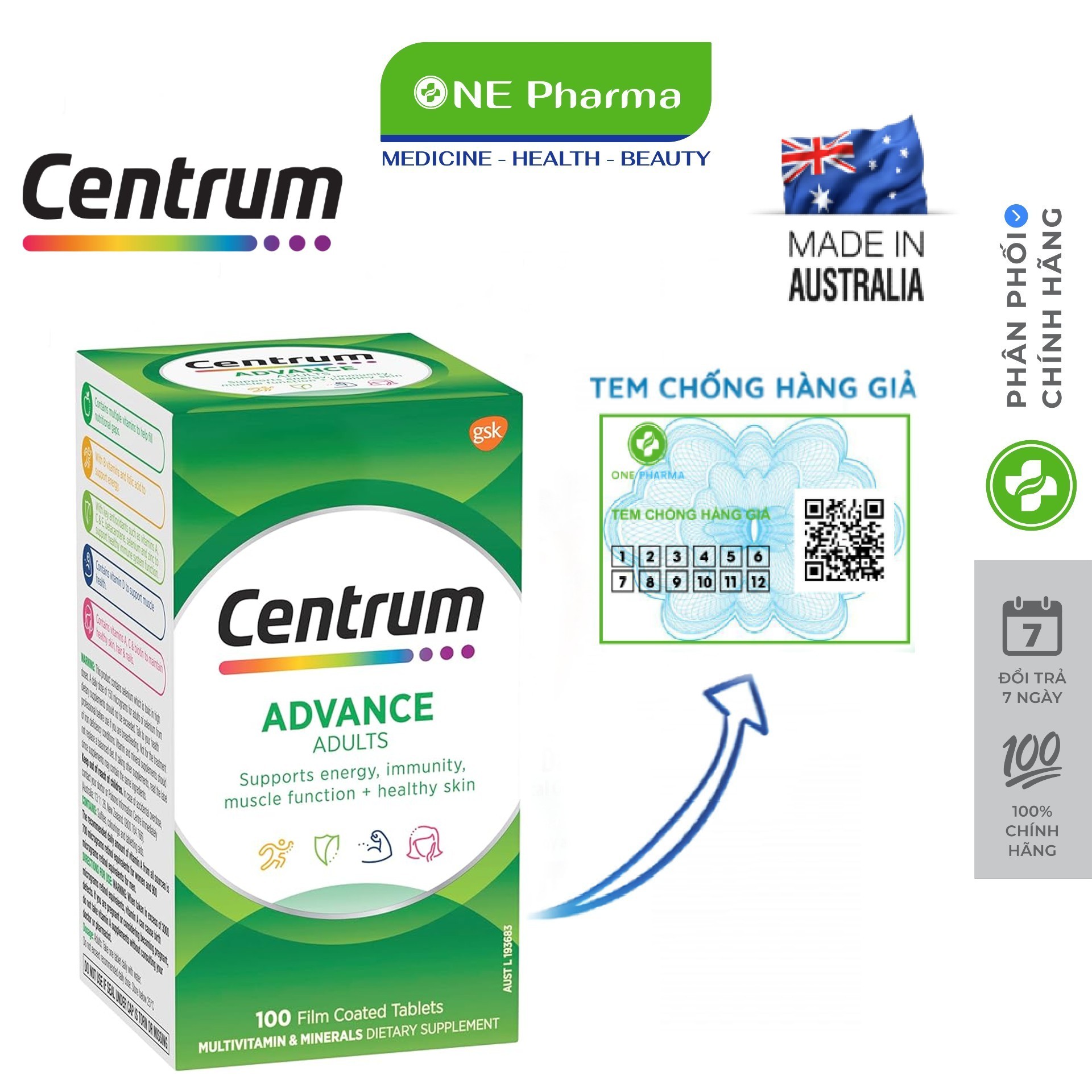 Viên uống vitamin tổng hợp centrum advance for adults cho người dưới 50 tuổi, 100 viên