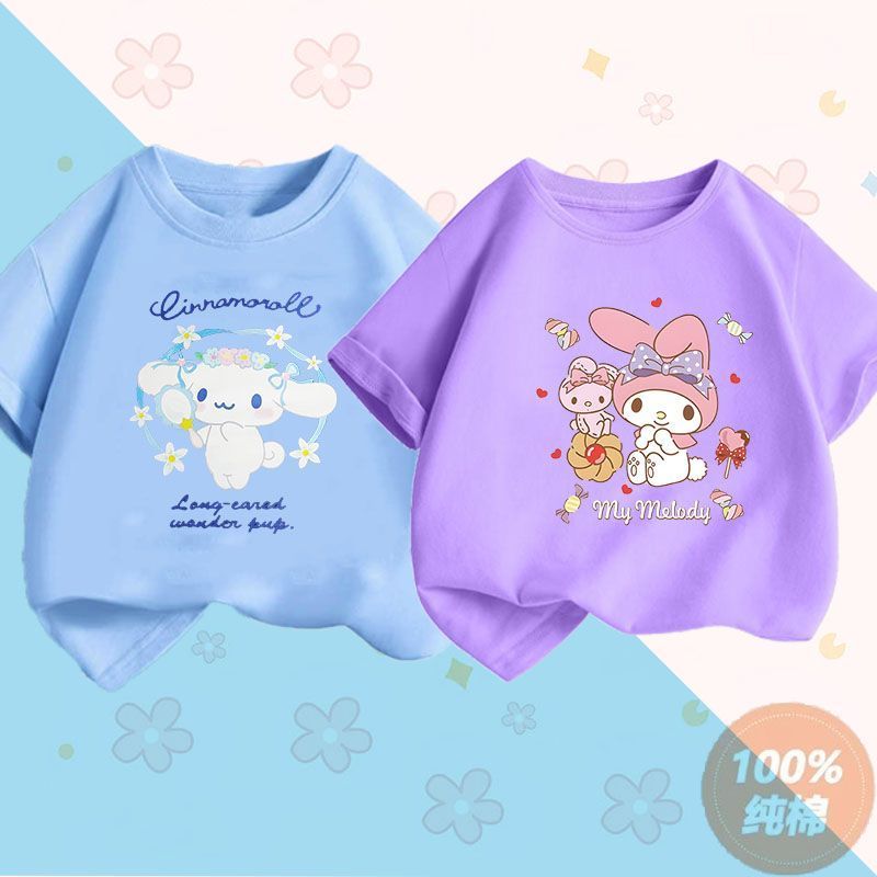 Quần áo mùa hè mới bằng cotton nguyên chất dành cho bé gái T Áo thun ngắn tay trẻ em Cinnamon Dog, quần áo nửa tay thời trang Kuromi và My Melody dành cho trẻ em. - 5