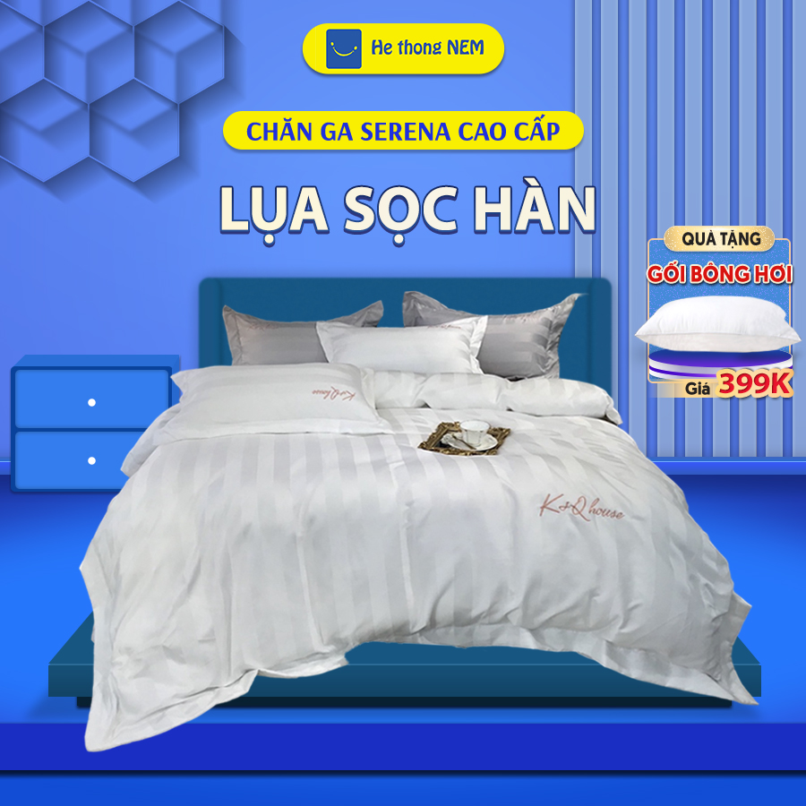 Bộ ga giường cao cấp lụa sọc hàn SERENA chính hãng - bộ chăn ga ra drap gối mền nệm đệm giường đẹp phi lụa thái 5 món khách sạn cao cấp 1m2 1m4 1m6 1m8 2m 2m2x2m