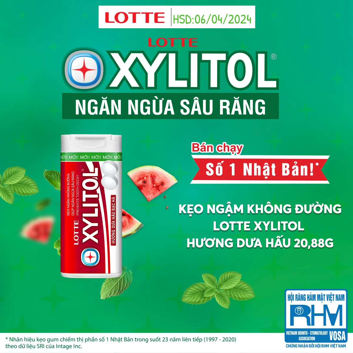 Kẹo ngậm không đường Lotte Xylitol - hương dưa hấu bạc hà 20,88 g