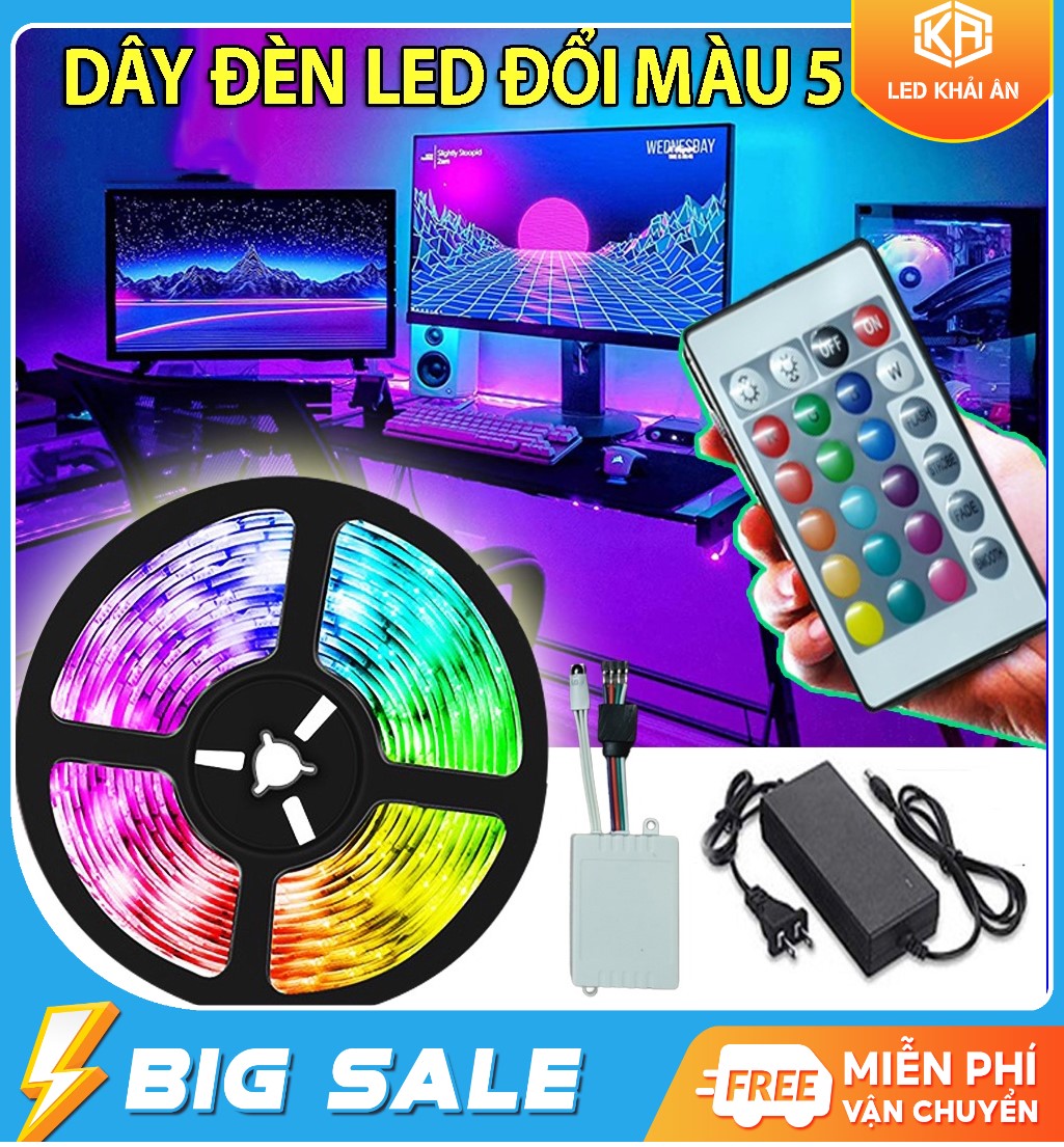 Cuộn đèn Led dây dán 5050 5m đổi nhiều màu (RGB) + Nguồn + Remote điều khiển