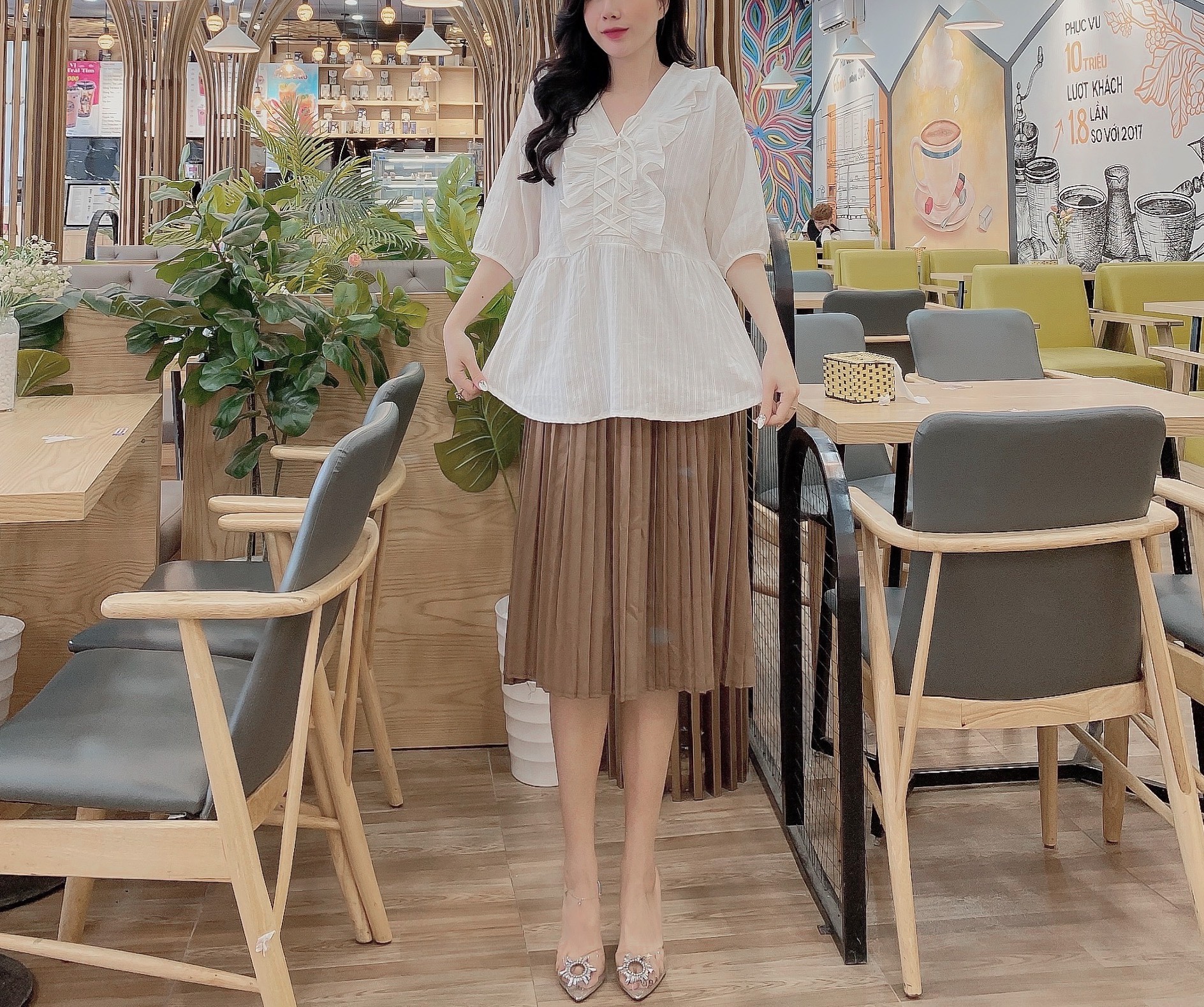 Chân váy bầu dài qua gối dập ly chất chéo Hàn có chun rút điều chỉnh bụng - Màu đen/nâu -  có size 45-75kg