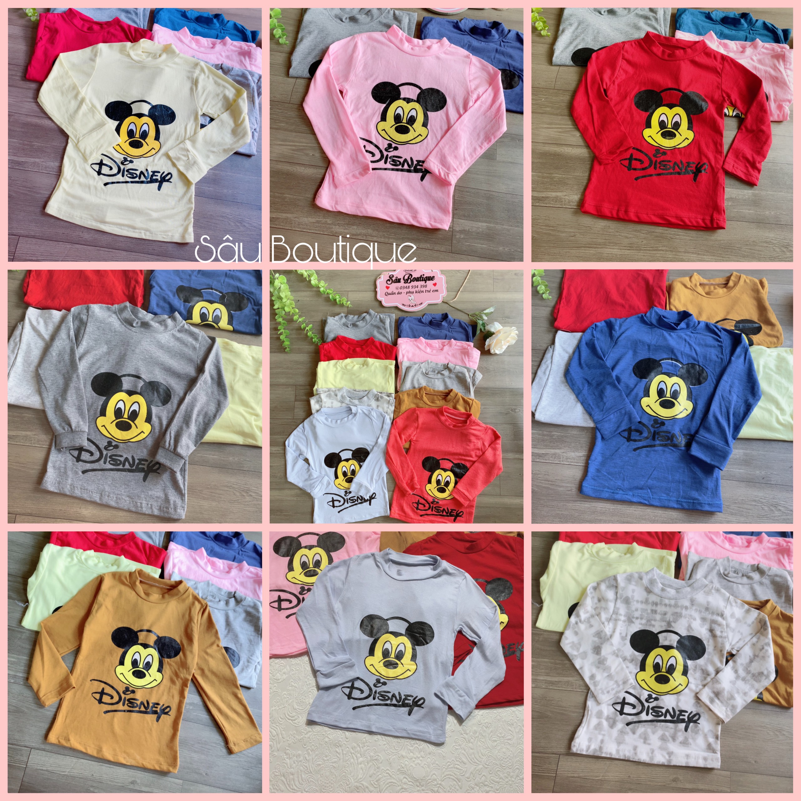 Áo cottong giữ nhiệt cổ 3 phân in hình mickey dành cho bé, áo thun bún, thun cottong