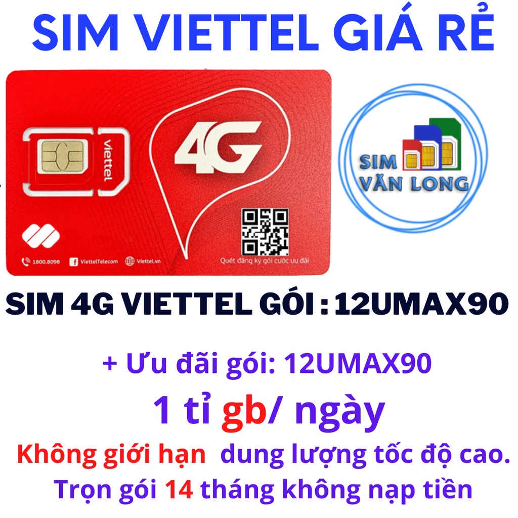 Sim 4g viettel 12umax90 không giới hạn dung lượng trọn gói 14 tháng