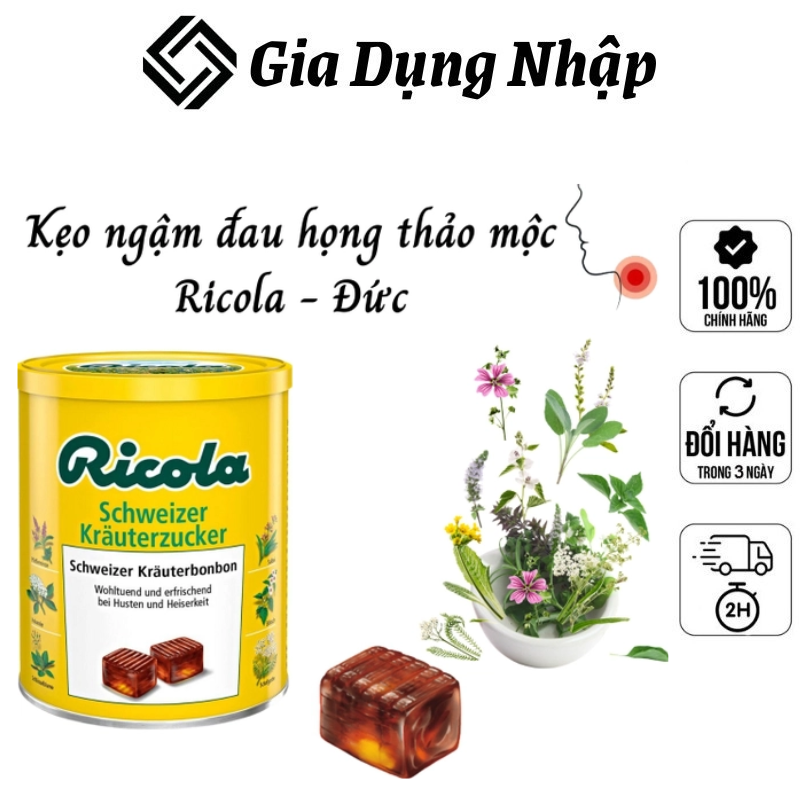 Viên kẹo ngậm ho ricola chanh mật ong, kẹo ngậm thảo dược dùng cho viêm họng, ho, đau họng thơm miệng sugar free, 250g, nhập đức, hàng chính hãng