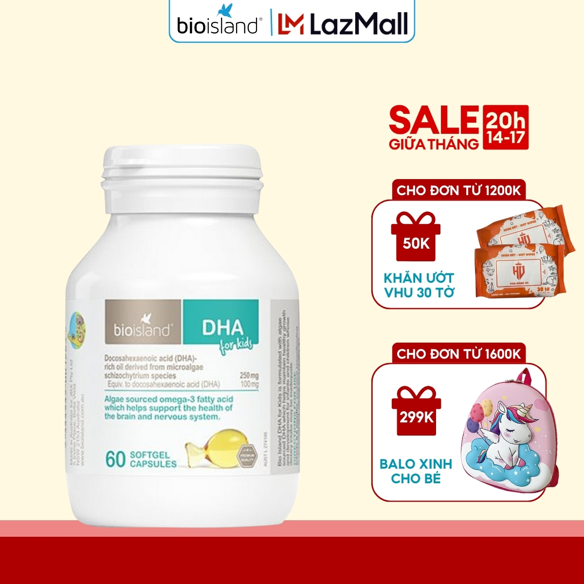 Dầu cá DHA For Kids Bioisland 60 viên tăng cường sức đề kháng và hỗ trợ phát triển trí não cho bé