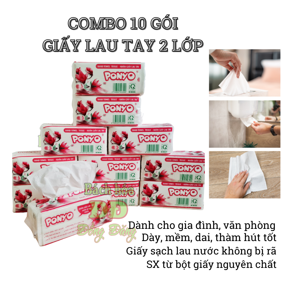 Combo (10 gói) giấy lau tay Ponyo 2 lớp - 100 tờ/gói
