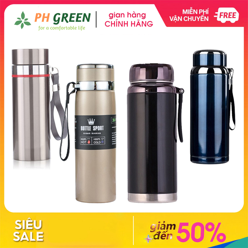 Bình Giữ Nhiệt Inox 304 Cao Cấp ,1000ML, Bình Giữ Nhiệt Nóng Lạnh 2 Lớp,  Giữ Nhiệt 12h,  Có Dây Treo Tiện Lợi Mang Theo, Bình Nước Giữ Nhiệt PH