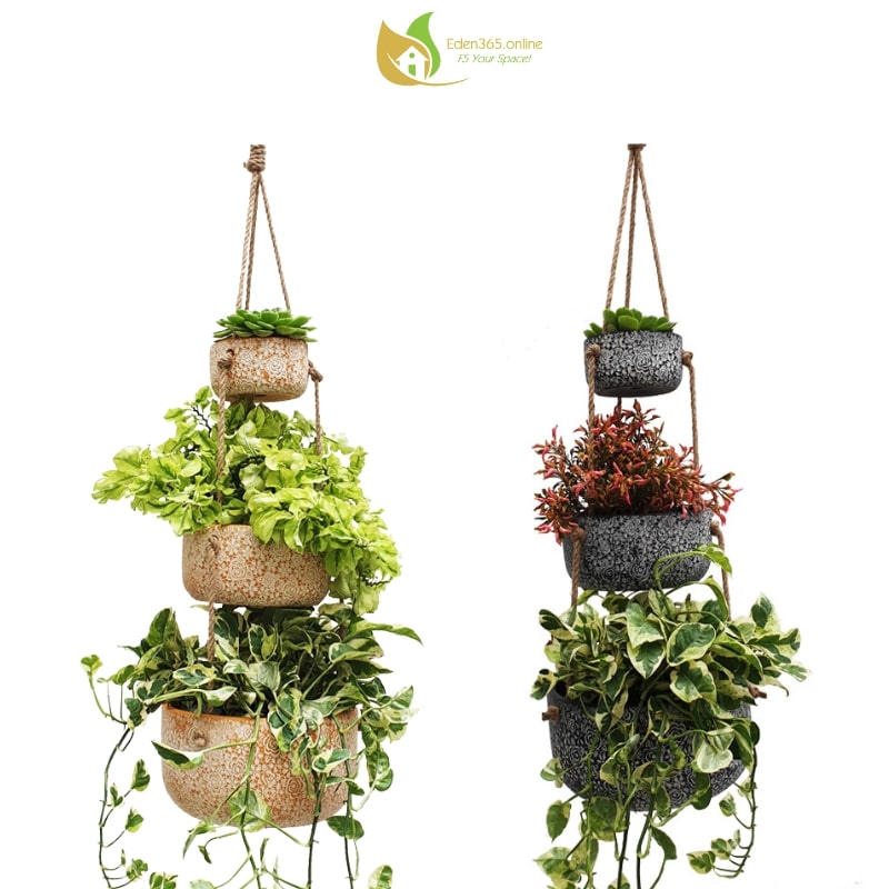 Bộ 3 chậu gốm trồng cây treo họa tiết hoa hồng, chậu trồng cây ban công - Cam trắng hoặc Xám trắng - Eden