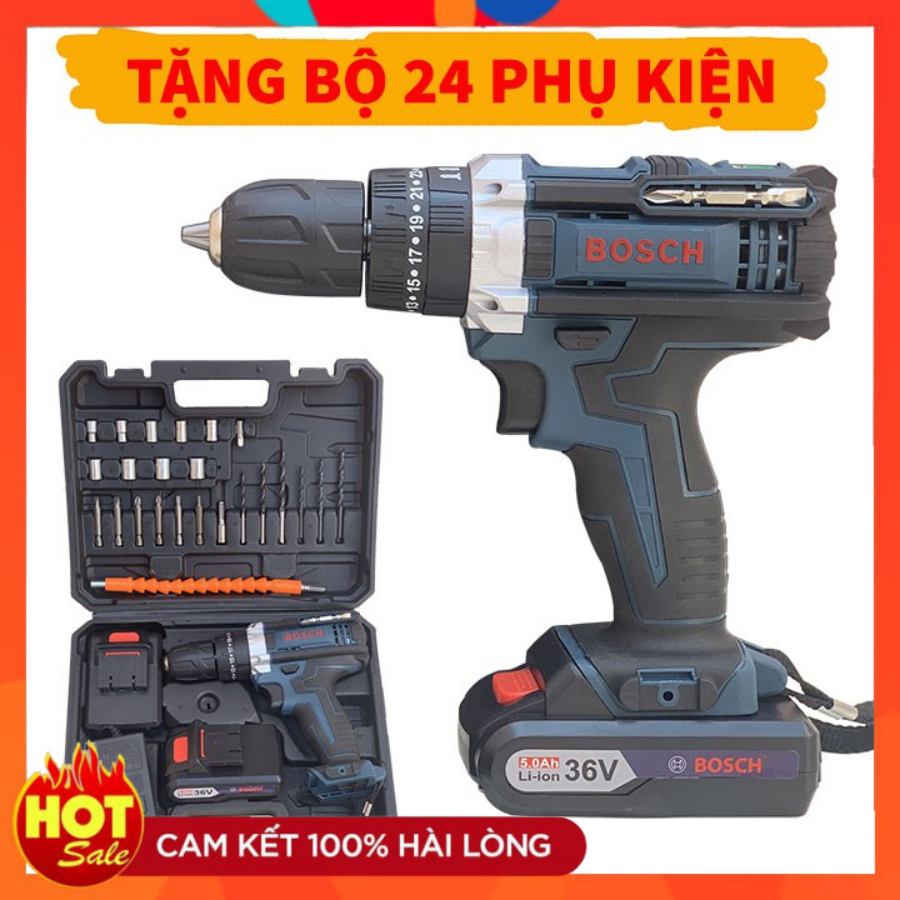 Máy khoan pin bosch 36v có búa tặng kèm 2 pin và bộ phụ kiện
