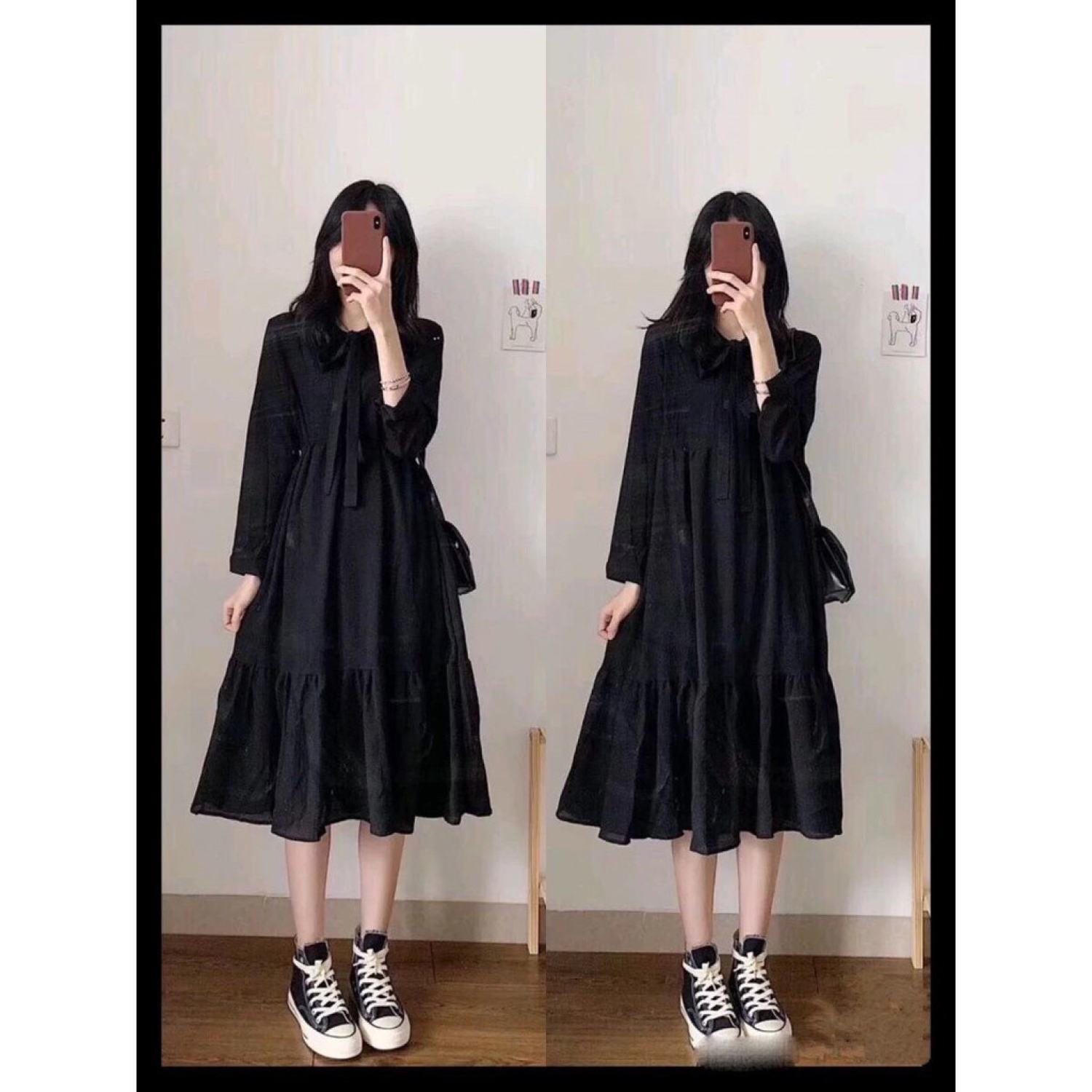 V028 Váy nữ cổ nơ dáng dài qua gối trắng đen tay bèo Đầm babydoll BBD dài tay 2 tâng dáng xòe tiểu thư công chúa cute