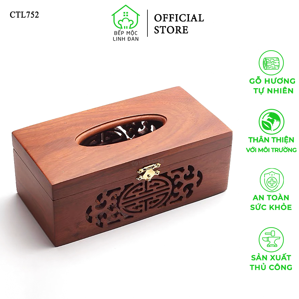 Hộp đựng khăn giấy gỗ Hương tự nhiên chạm trổ chữ Thọ [CTL752]