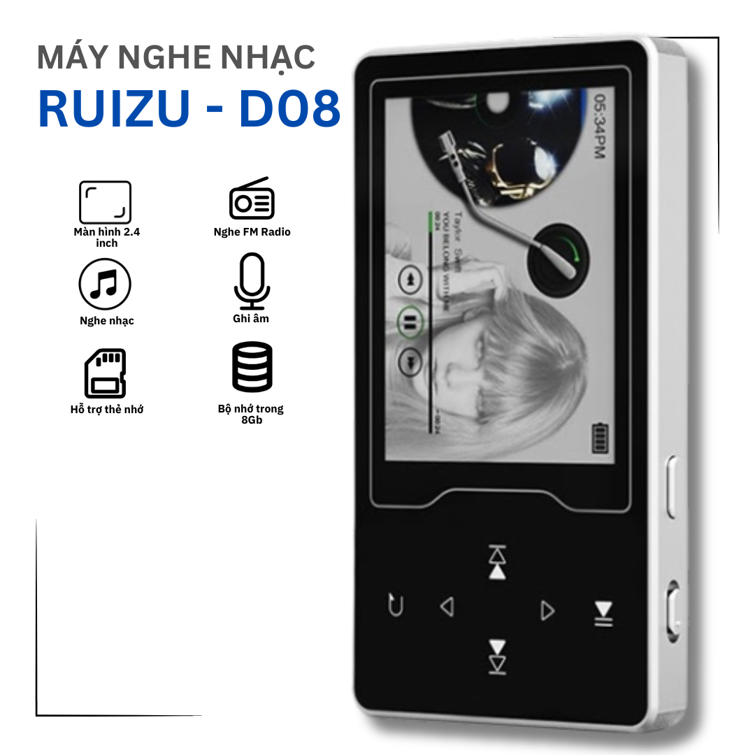 Máy nghe nhạc MP3 RUIZU D08 8GB, Màn hình màu HD 2.4 inch, FM Radio, Hỗ trợ Ebook, Ghi âm, Tính năng học ngoại ngữ, Bộ nhớ mở rộng 128GB, Phát video đa định dạng, Thiết kế cảm ứng, Sử dụng lâu dài với pin 500mAh, Hỗ trợ tiếng Việt, Sử dụng OTG.