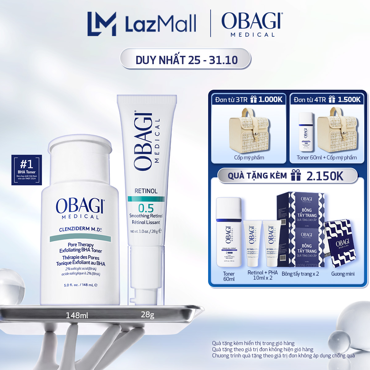 Bộ đôi Toner Obagi Clenziderm M.D. Exfoliating 2% BHA 148ml và Kem Dưỡng Làm Mờ Nếp Nhăn  Làm Đều Màu Da Obagi Retinol 0.5 28g