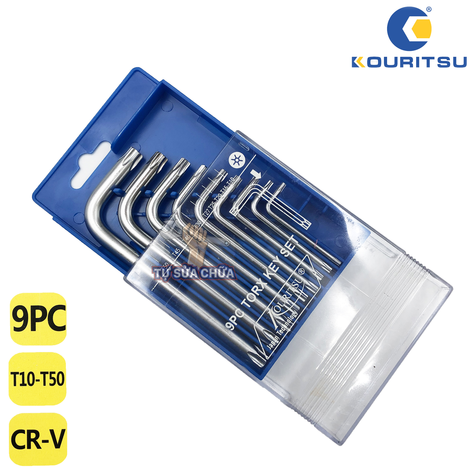 Bộ lục giác hoa thị ngắn Nhật Bản Kouritsu T04403 - Bộ lục giác sao 9 cây có lỗ làm từ thép Cr-V siêu cứng chống rỉ sét T10-T50