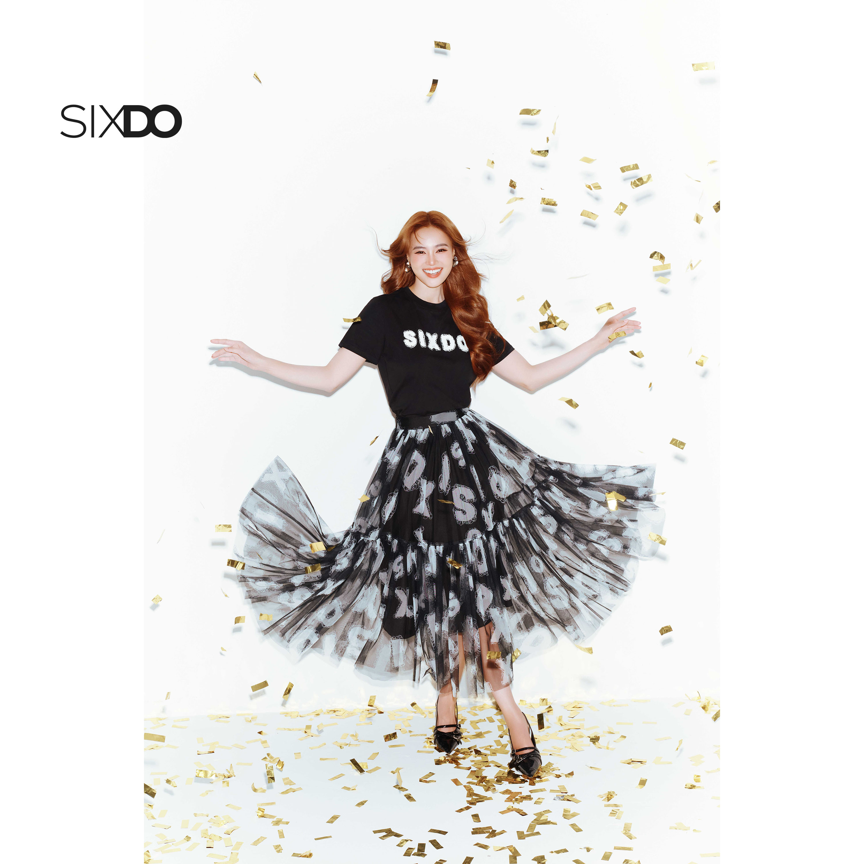  Chân váy xòe lưới họa tiết chữ SIXDO  Black Mesh Flared Skirt  