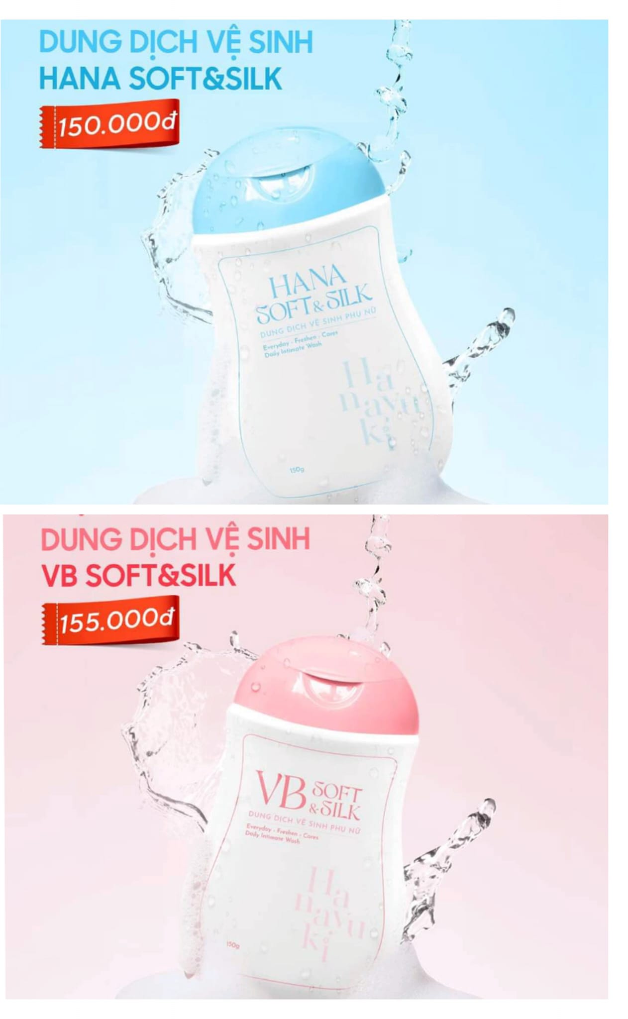 Dung dịch vệ sinh phụ nữ hanayuki soft&silk xanh và hồng - hana soft&silk và vb soft&silk