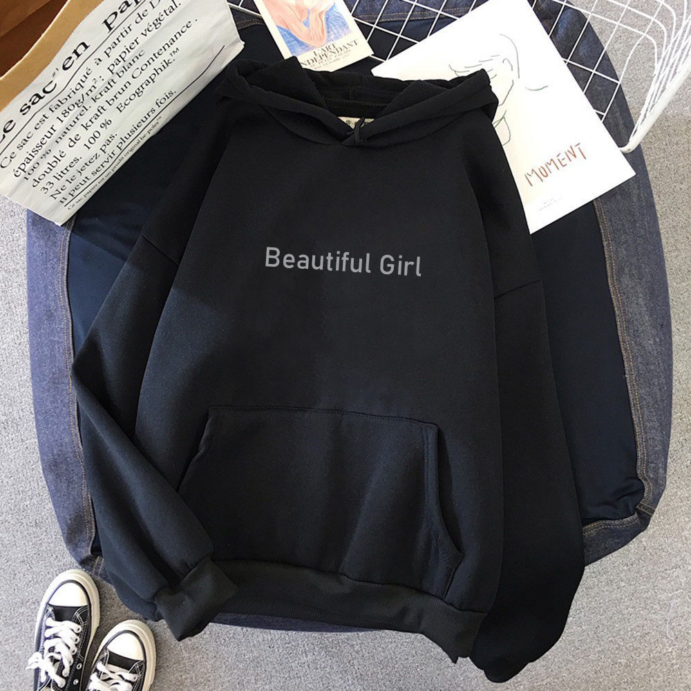 Áo Hoodies Unisex Form Rộng Nam Nữ Bo Dệt Tay Gấu Chất Nỉ Bông Cotton Dày Dặn Ép Decal Chữ Beautiful Girl