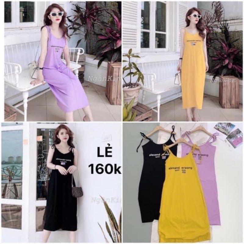 Đầm midi J&Y xuất xịn thun cotton dây form suông màu tím, vàng in chữ Alexand