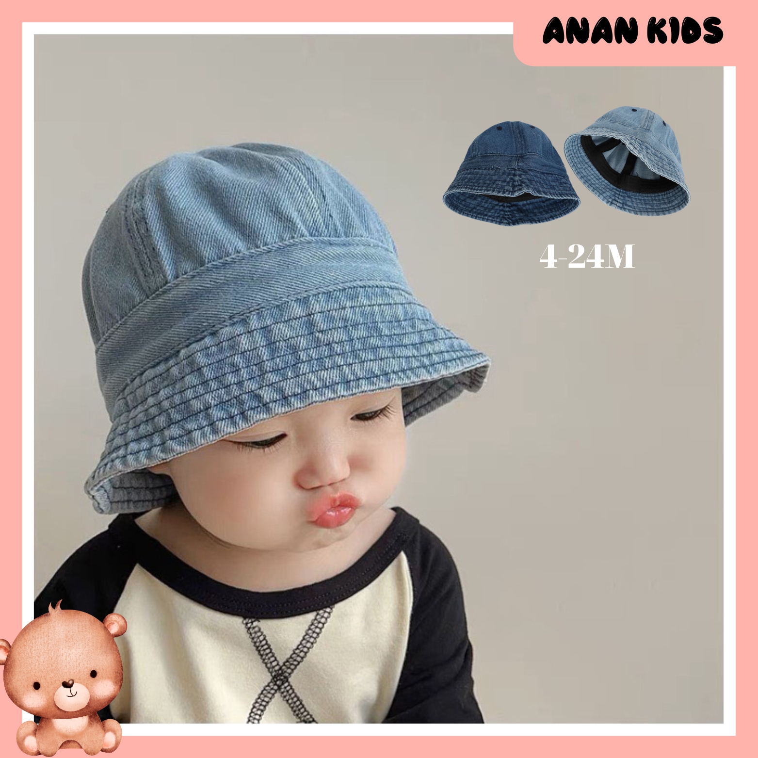 Mũ Bucket Jean Mềm, Siêu Xinh, Siêu Đáng Yêu Phong Cách Hàn Quốc Cho Bé 4-24M