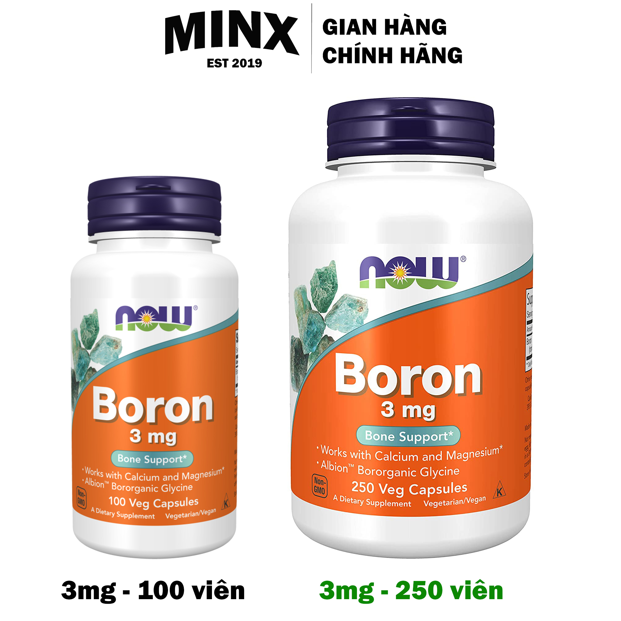 Viên uống bổ sung Now Boron 3mg 100 viên và 250 viên - Giúp chuyển hóa Canxi, phát triển xương khớp - MINX Store