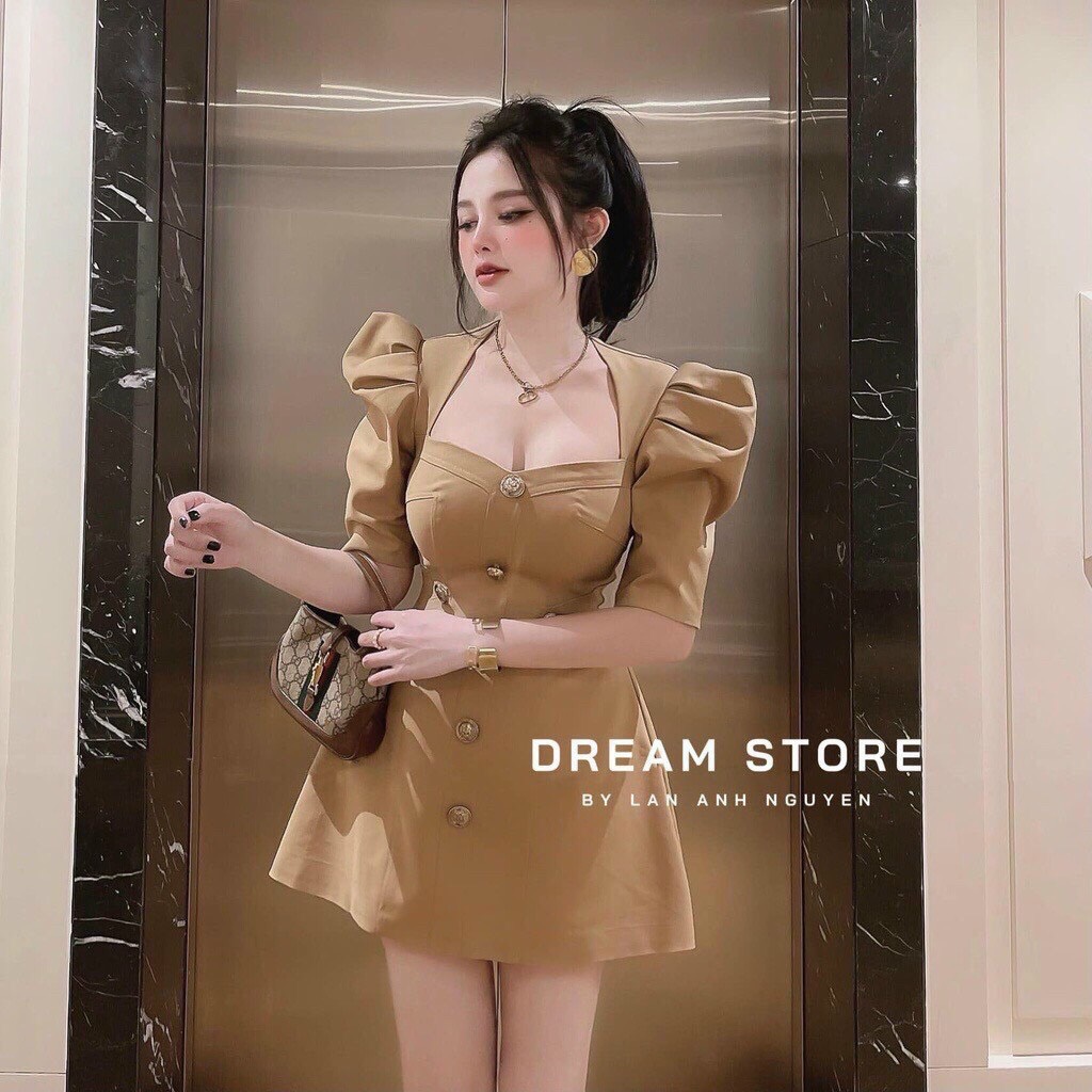 Đầm thời trang nữ mặc đi tiệc, đầm chất umi tay búp màu đen nâu xòe đính nút