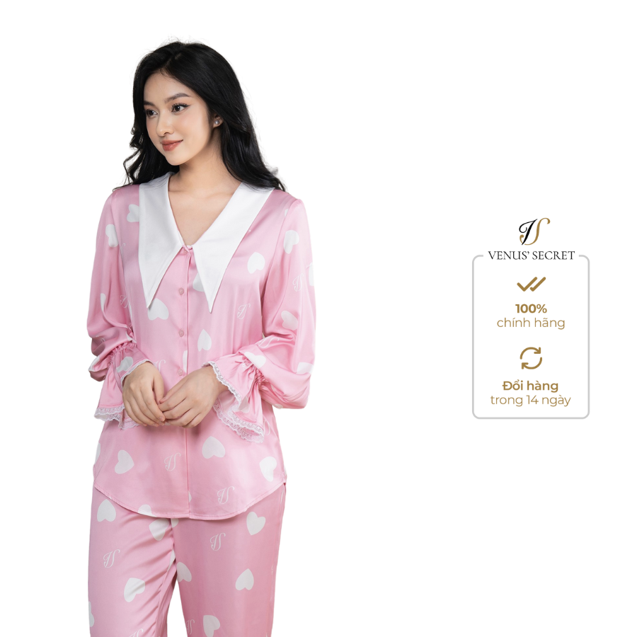 Bộ ngủ lụa pijama dài tay hồng họa tiết tim trắng venussecret