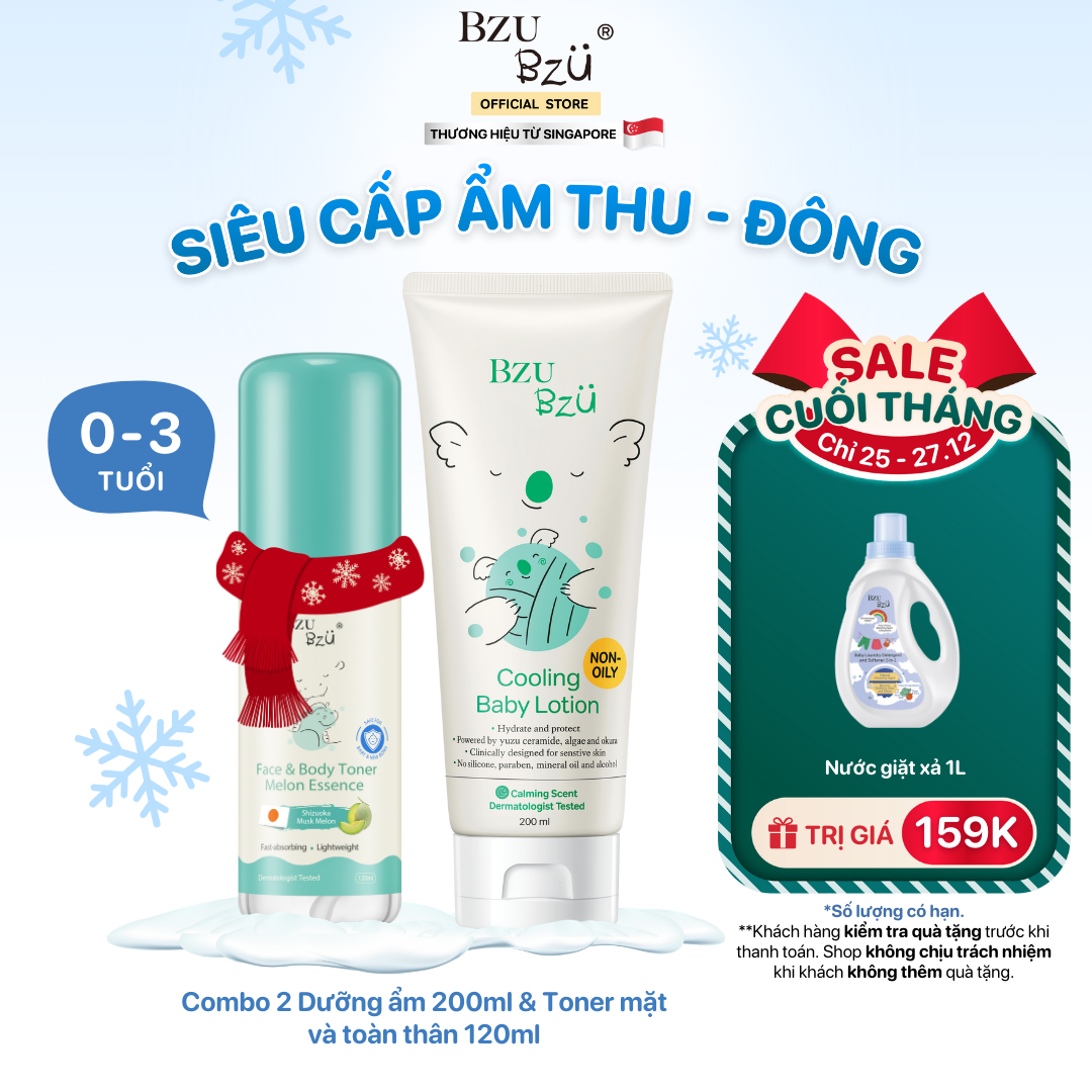 Combo Toner Em Bé BZU BZU Melon Essence 120ml Và Kem Dưỡng Em Bé Baby Cooling Lotion 200ml