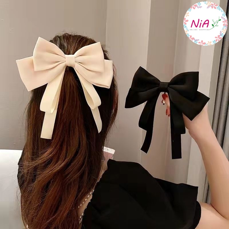 Kẹp tóc nơ nữ, kẹp bấm nơ lớn vải lụa phối ruy băng dịu dàng PK124