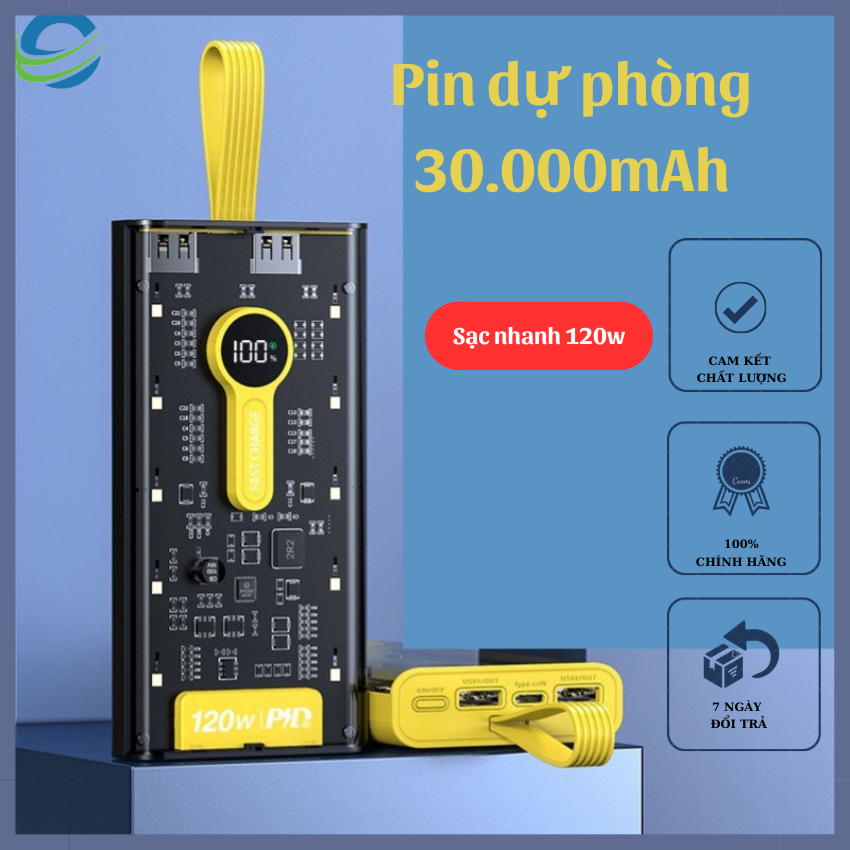 Sạc Dự Phòng 30000mAh 120W Trong Suốt Sạc Siêu Nhanh Siêu Bền Kết Hợp Led Soi Sáng Với 4 Đầu Sạc Và 3 Cổng Sạc Tiện Dụng 2 Cổng USB, 1 Cổng Type C
