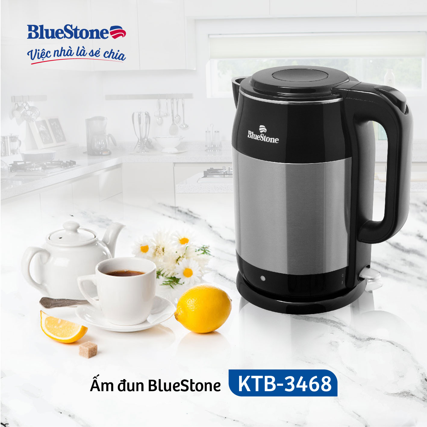 Âm Đun Nước Siêu Tốc 2 lớp BlueStone KTB-3468 -  Dung tích 1,7L - Công suất 1800W - Tự động ngắt khi quá nhiệt - Bảo hành 2 năm - Hàng chính hãng