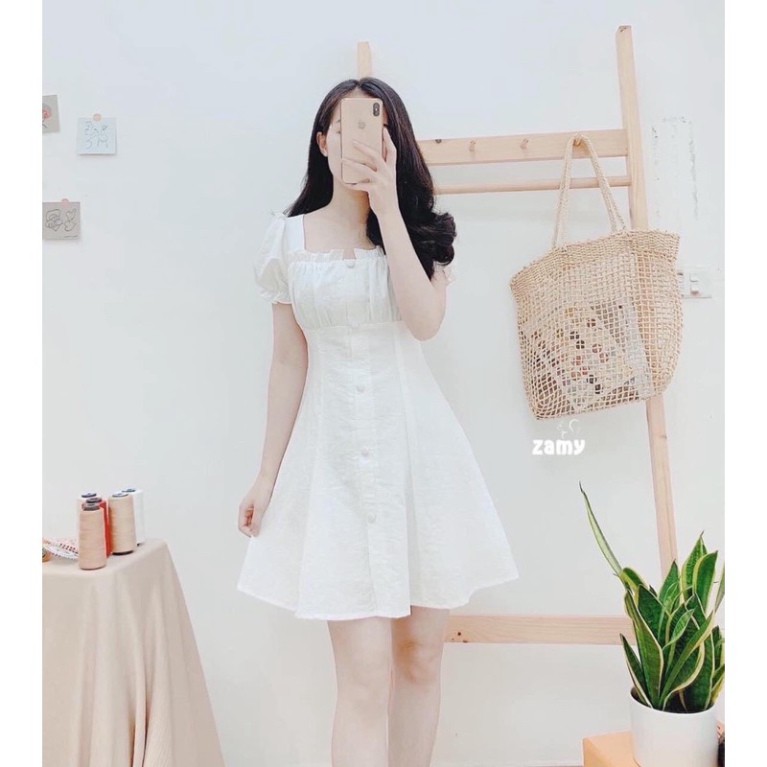 Đầm - váy tiểu thư trơn cúc bọc 2 màu 0605