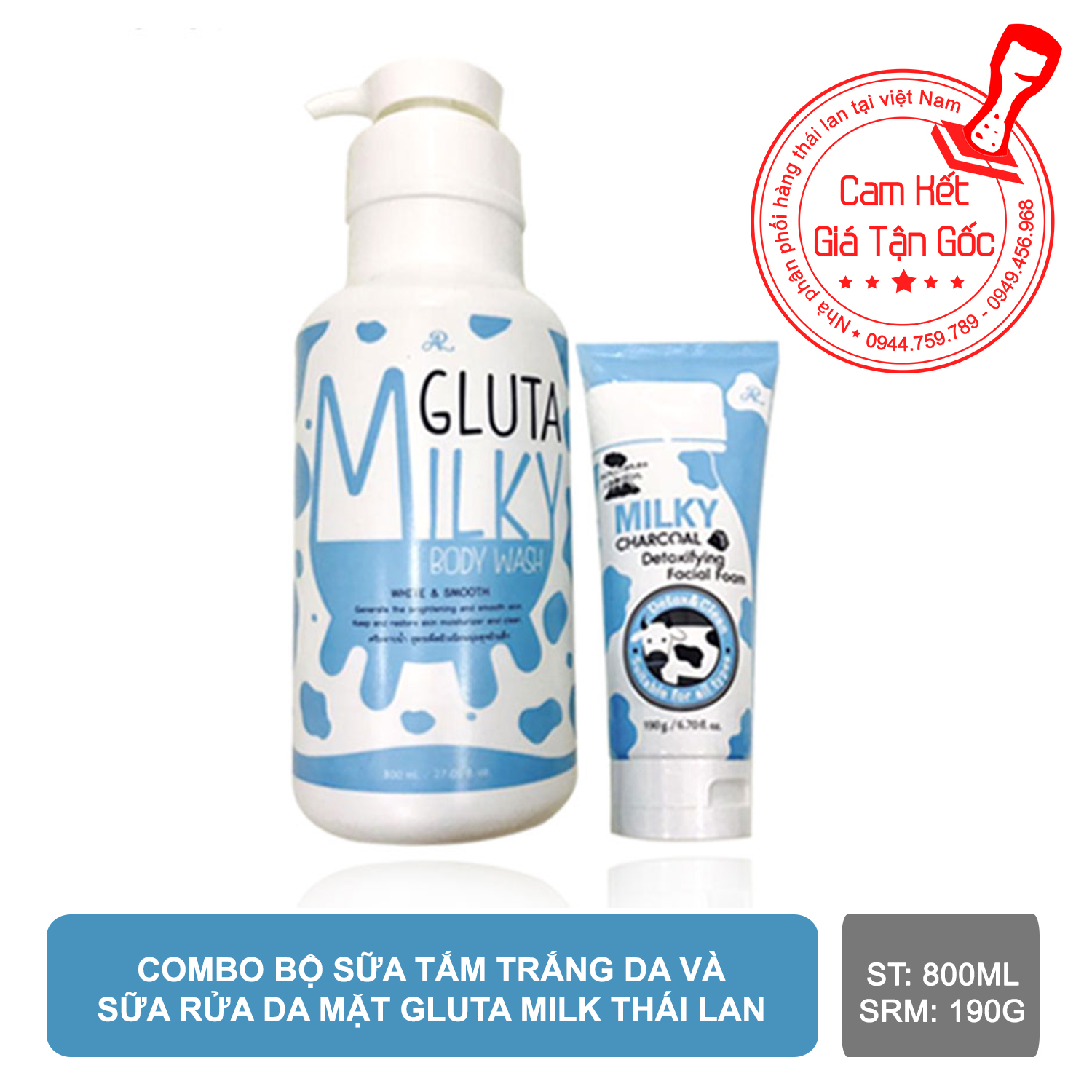 Combo bộ bò cặp sữa tắm trắng da và sữa rửa da mặt Gluta Milk thái lan