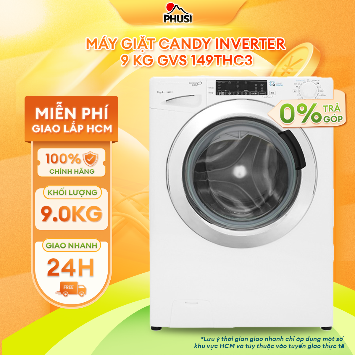 [Trả góp 0%] Máy giặt Candy Inverter 9 kg GVS 149THC3 -Vệ sinh lồng giặt, Smart Touch - Điều khiển bằng điện thoại qua NFC, Hẹn giờ giặt