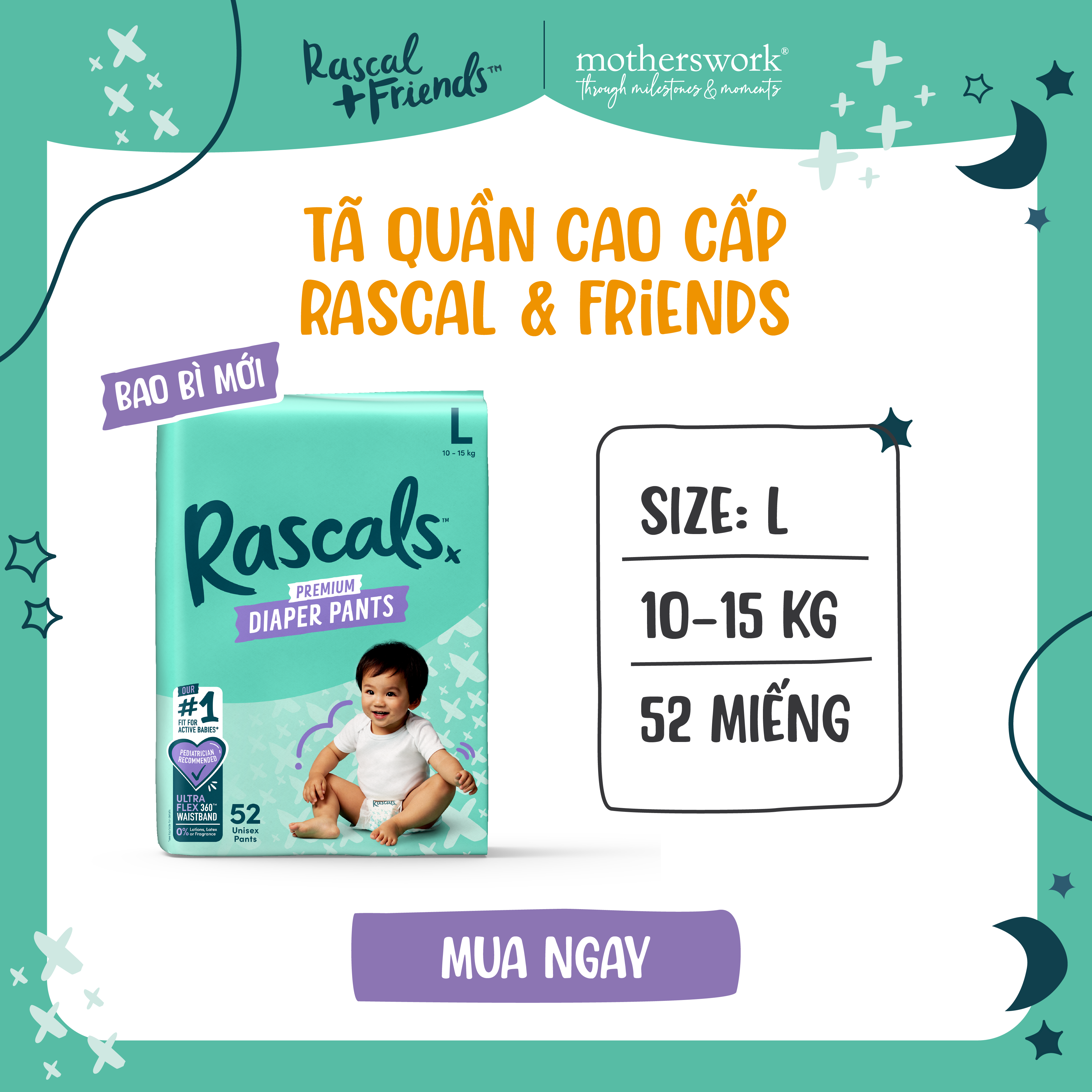 Tã/Bỉm Quần Cao Cấp Rascal + Friends Size L 10-15kg, 52 miếng - motherswork