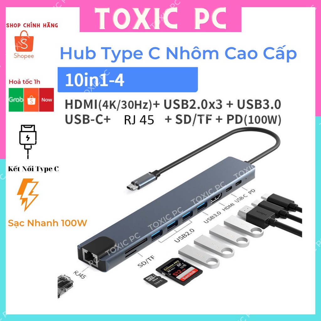 Hub type c và hub usb 3.0 - hub usb type-c - usb 3.0 to hdmi,usb 3.0,sd,tf,rj45,pd type-c cho laptop, macbook