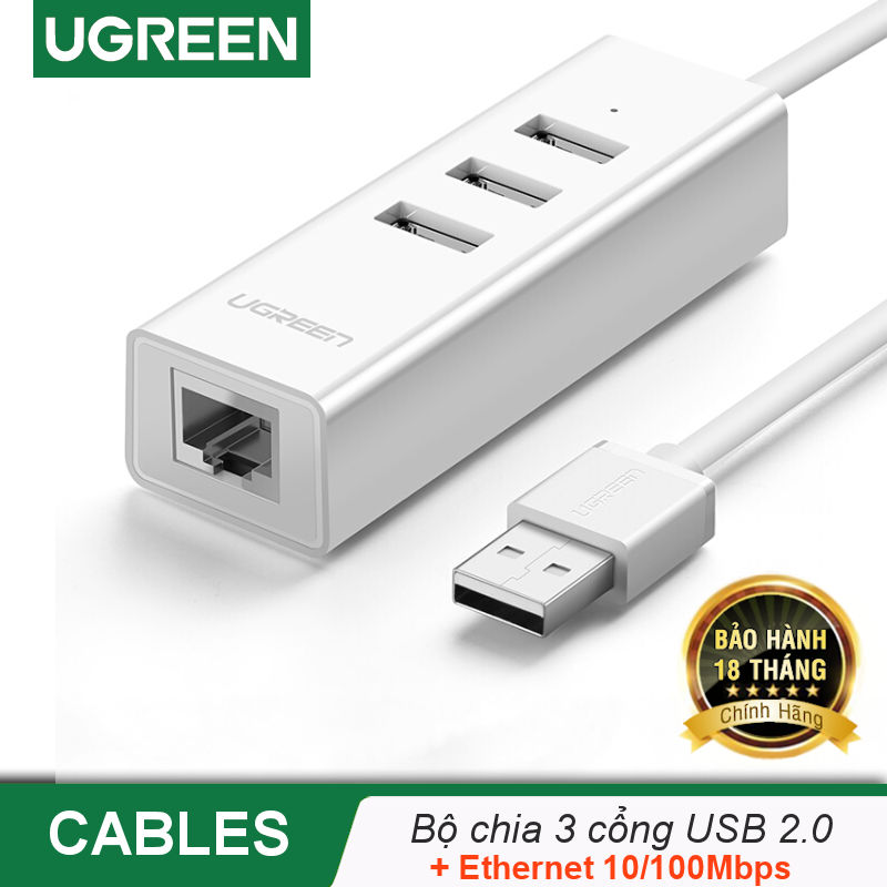 Bộ chia 3 cổng USB 2.0 kèm cổng mạng Ethernet 10/100Mbps dài 20cm Ugreen CR129 Bộ chia 3 cổng USB 2.0 kèm cổng mạng Ethernet 10/100Mbps dài 20cm Ugreen CR129