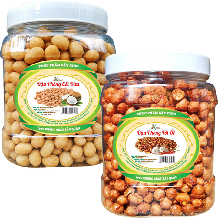 [HCM]COMBO 1KG: ĐẬU PHỘNG CỐT DỪA VÀ ĐẬU PHỘNG TỎI ỚT ( 2 HŨ NHỰA)