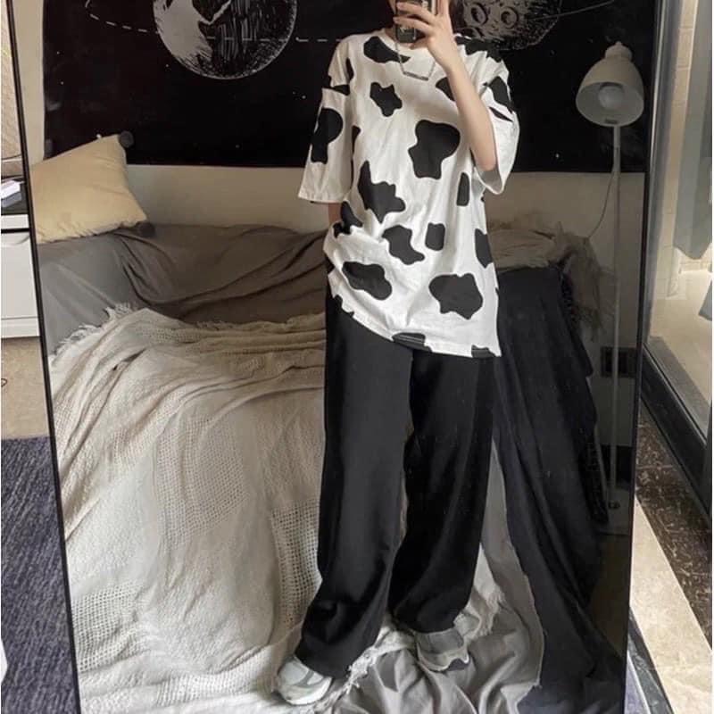 SET QUẦN SUÔNG IRU ĐEN + TSHIRT BÒ SỮA