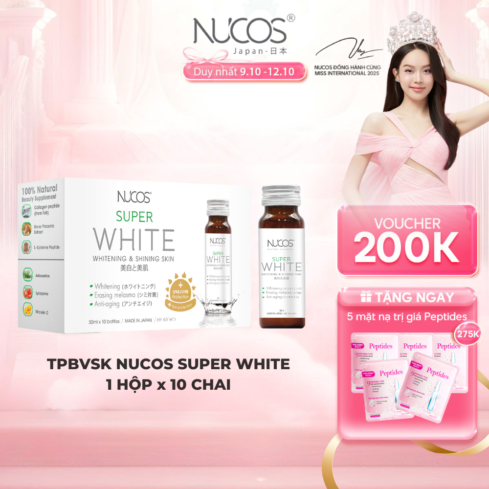 TPBVSK Nước Uống Collagen Nucos Super White Giúp Dưỡng Trắng Da, Hỗ Trợ Mờ Thâm Nám Hộp 10 chai x 50 ml