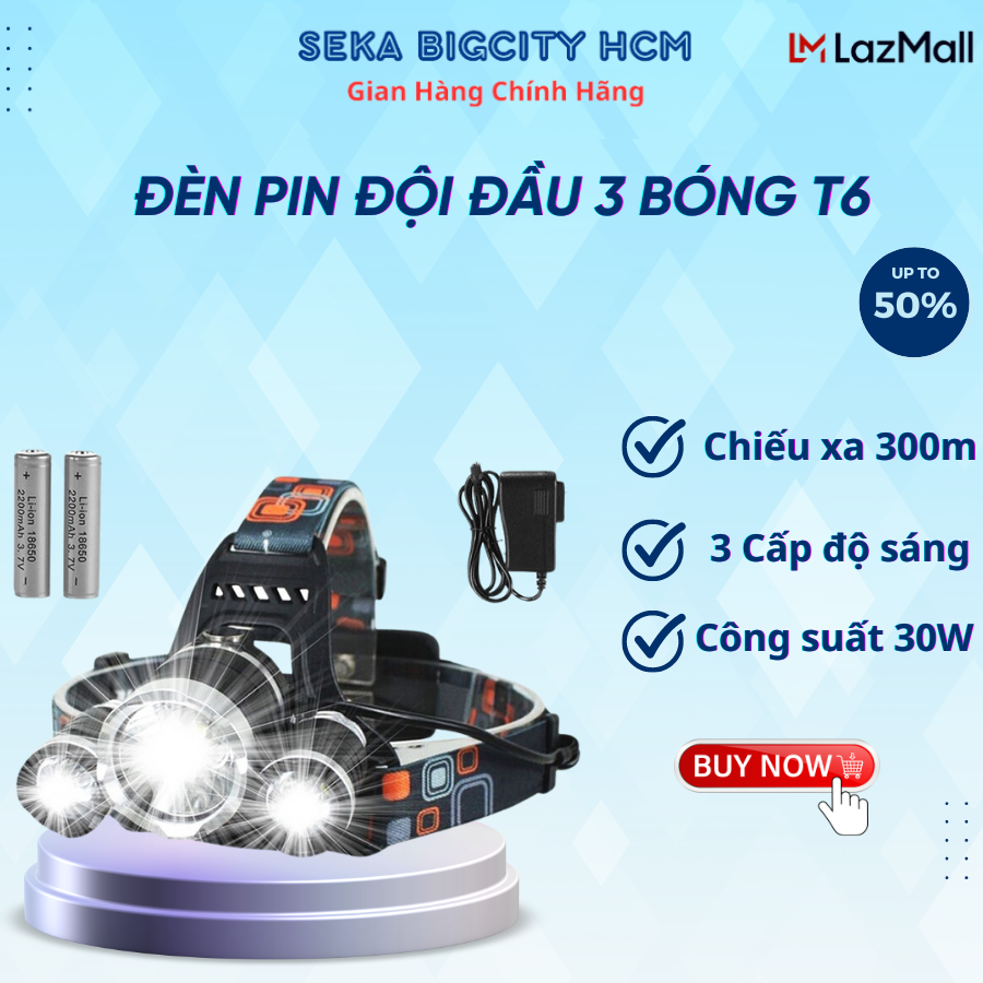 Đèn pin đội đầu, đèn đội đầu 3 bóng led T6 siêu sáng, pin trâu