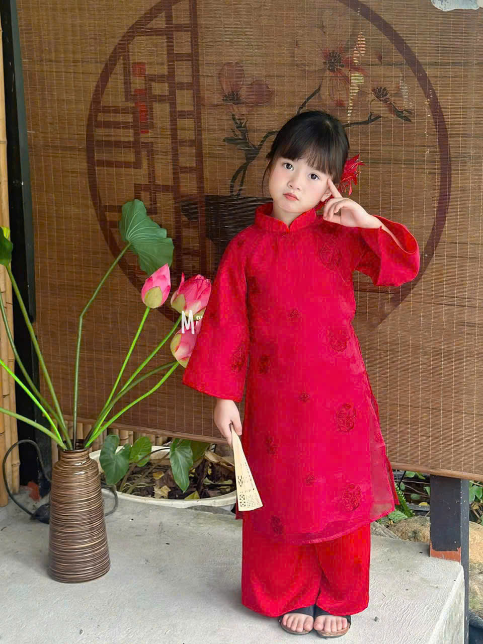 Áo dài tết cho bé gái hoạ tiết hoa mẫu đơn, áo dài cho bé gái 4 tà chất tơ lụa sz 10-35kg