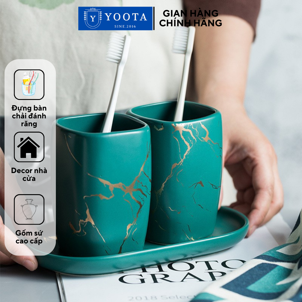 Cốc đựng bàn chải đánh răng, ly cốc gốm sứ có quai họa tiết vân đá cẩm thạch decor nhà tắm khách sạn sang trọng
