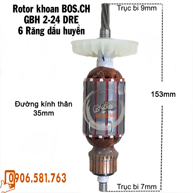 (Hàng DCA) Rotor khoan BOSCH GBH 2-24 SR, DSR, DFR 6 Răng - Tặng chổi than
