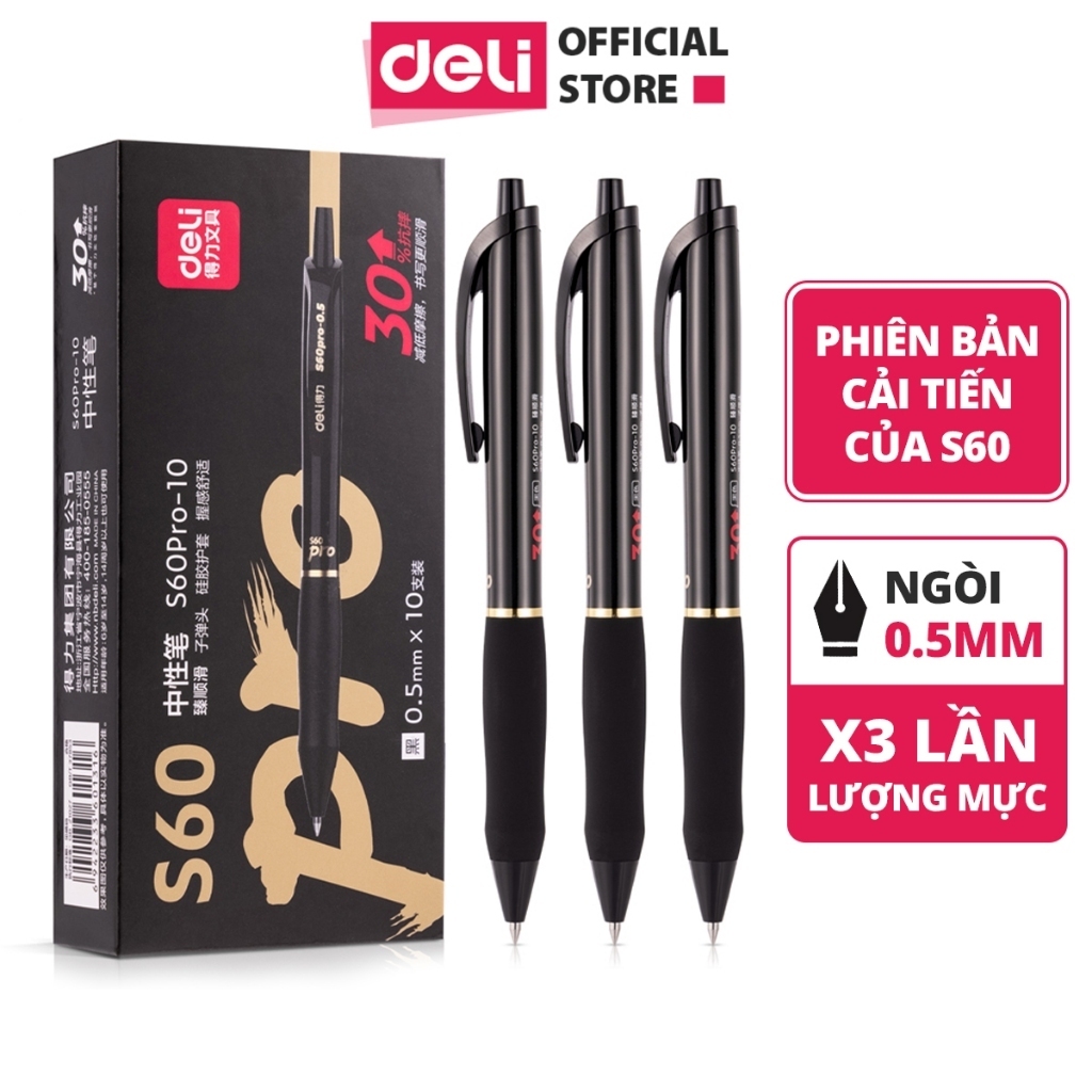 Bút Bi Nước Bút Gel đen Deli vỏ trắng đen mực đen xanh đỏ, Ngòi 0.5mm Dành Cho Văn Phòng, Học Sinh - S60