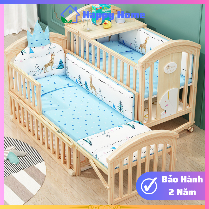 Nôi Cũi Cho Bé 2 Tầng Gỗ Tùng Có Thể Kéo Dài Thành Giường 160cm, Kích thước cũi 120 x 70 x 100cm ( Dài x Rộng x Cao )  Nôi Cũi Cho Bé Có Khóa Bánh Xe Chông Di Chuyển, Cũi Trẻ Em An Toàn - HAPPY HOME