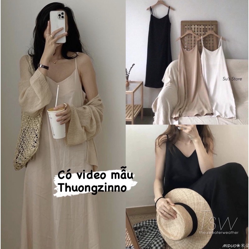 Váy hai dây lụa hàn dáng dài hàn đầm maxi đi biển hai dây trơm dáng xuông
