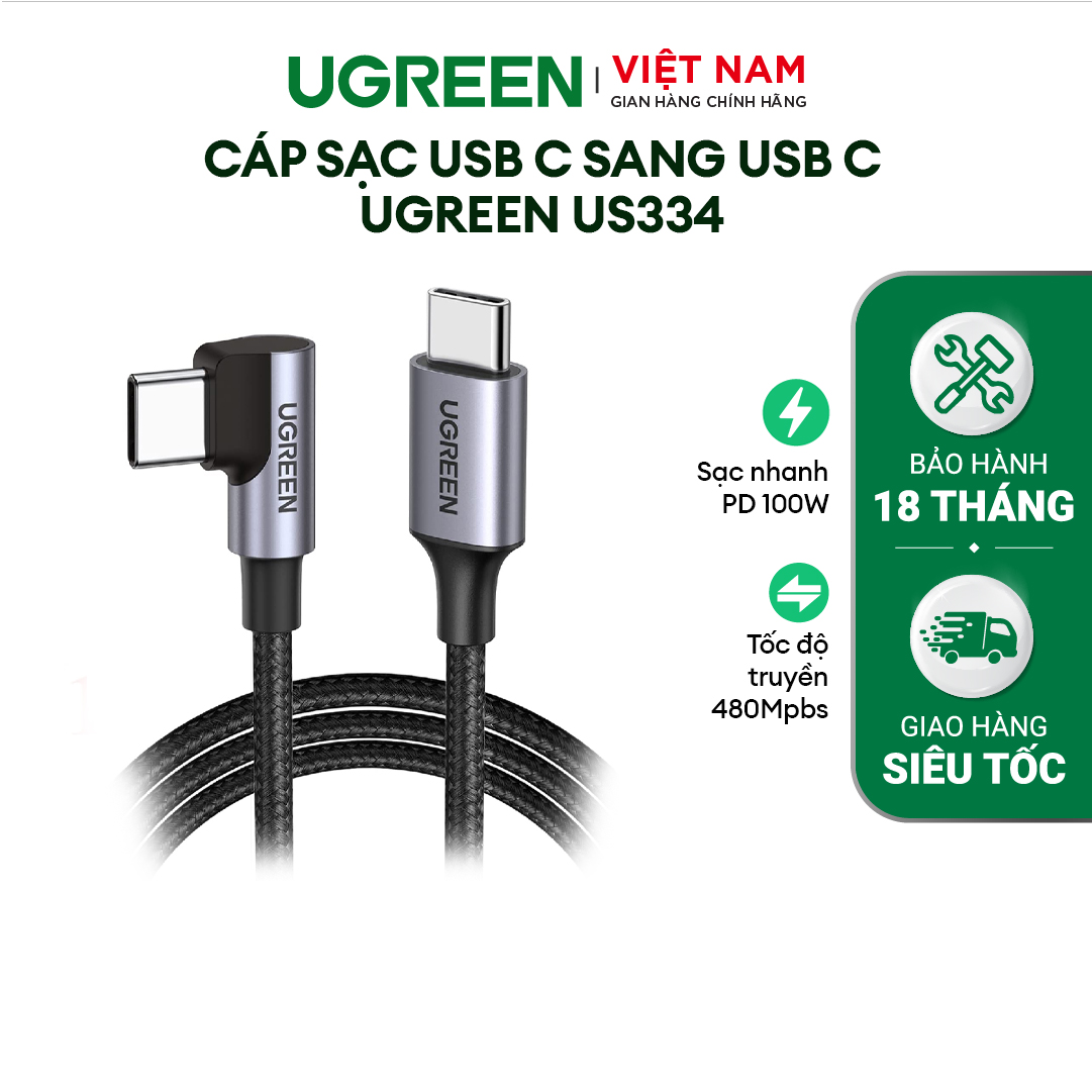 Cáp sạc USB C sang USB C Ugreen US334 góc vuông 90 độ vỏ bện | Sạc nhanh 100W PD 4.0 cho Samsung S10 S20 MacBook Pro iPad 2020 | Tốc độ truyền 480Mbps | Bảo Hành 1 đổi 1 18 Tháng | 70643 70645 20583 20582 70644
