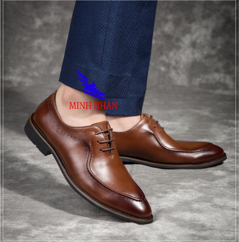 [CÓ VIDEO, ẢNH THẬT] Minh Nhân - Giày TÂY NAM da bò Cao Cấp Giày buộc dây Công sở Cao Cấp Da Bò Nguyên Tấm GIÀY KINH DOANH DOANH NHÂN Phong cách Ý B-12 màu nâu